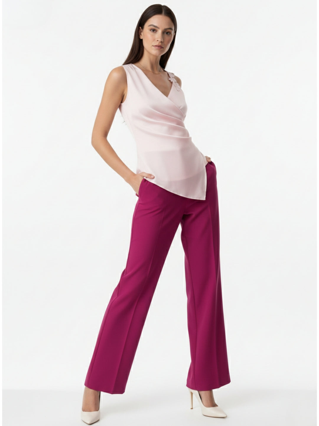 Pink One Shoulder Applique Wrap Top