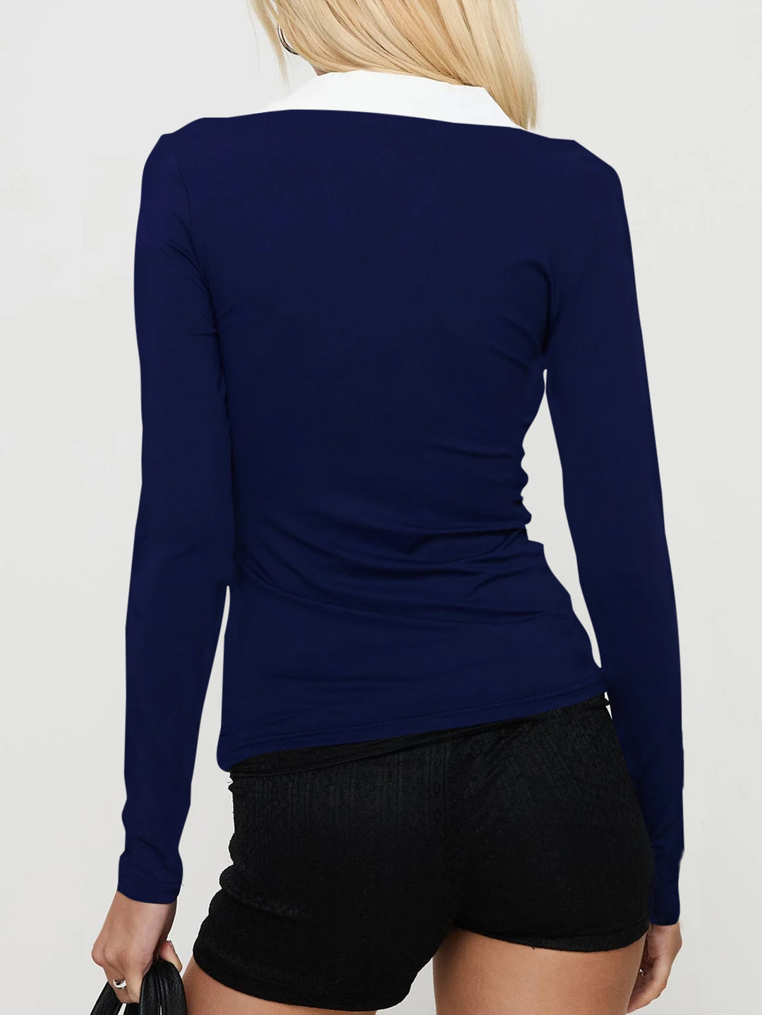Navy Blue Contrast Polo Collared Fitted Top