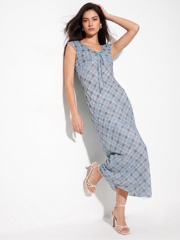 Light Blue Checkered Maxi Dress With Ruffled Neck