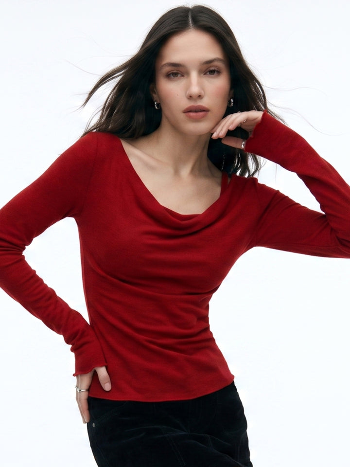 Red Cowl Neck Bell Sleeves Top