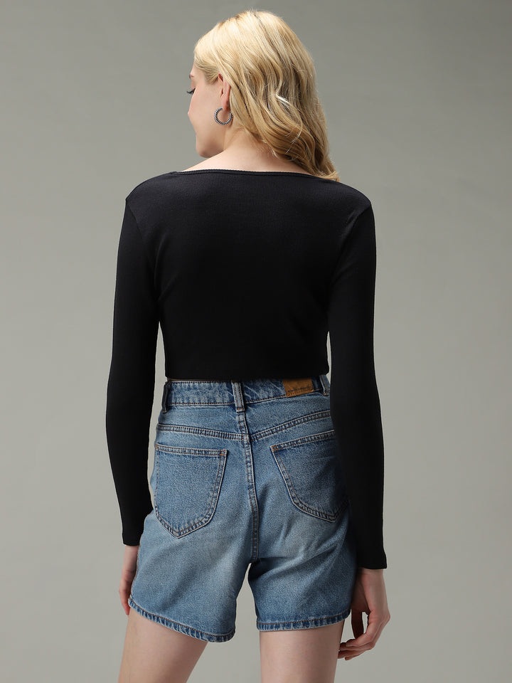 Black Assymetric Hem Scoop Neck Knit Top