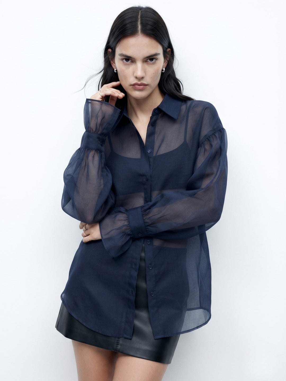Navy Blue Flowy Shirt With Cupped Sleeves