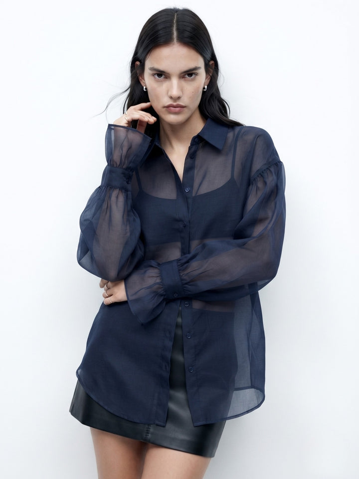 Navy Blue Flowy Shirt With Cupped Sleeves