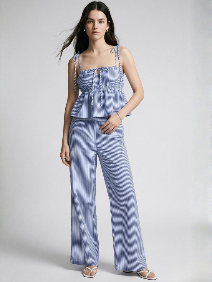 Blue Shoulder Tie-Up Top And Pant Set