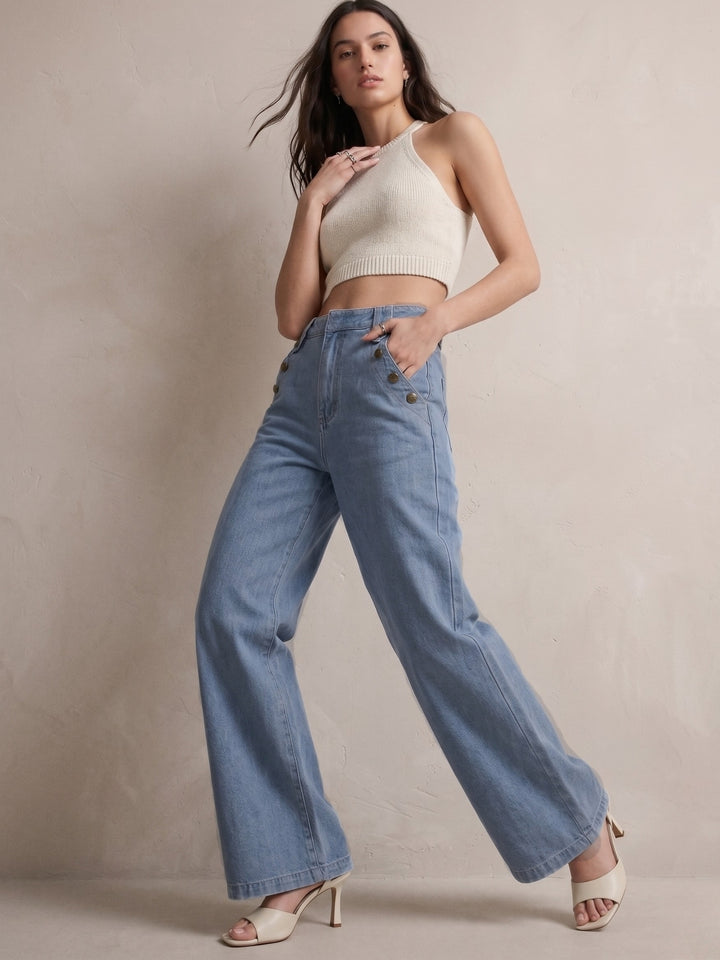 Blue Slant Buttoned Pocket Wide Leg Jeans