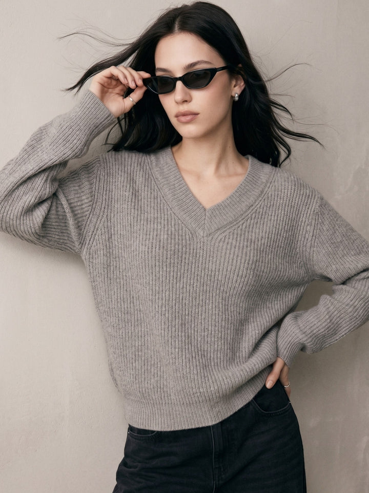 Grey Full Sleeve V Neck Sweater