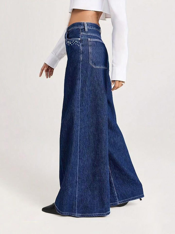 Navy Blue Wide Leg Denim With Pocket Embelishments