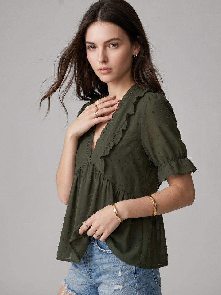 Green Ruffle Sleeve V Neck Top