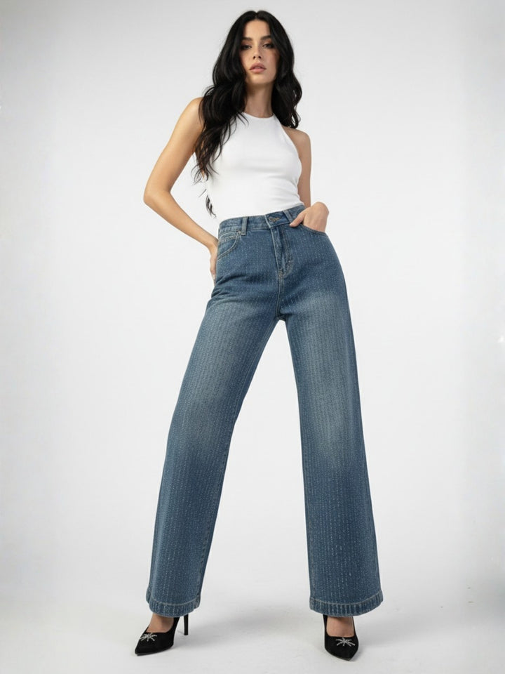 Blue High Waist Wide Leg Studded Jeans