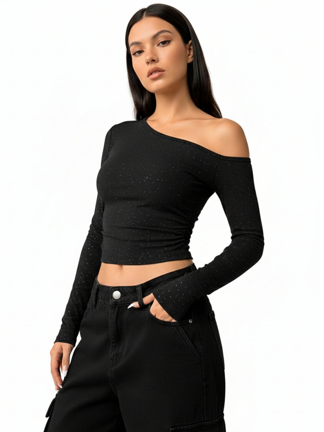 Black One Shoulder Fitted Shimmer Top