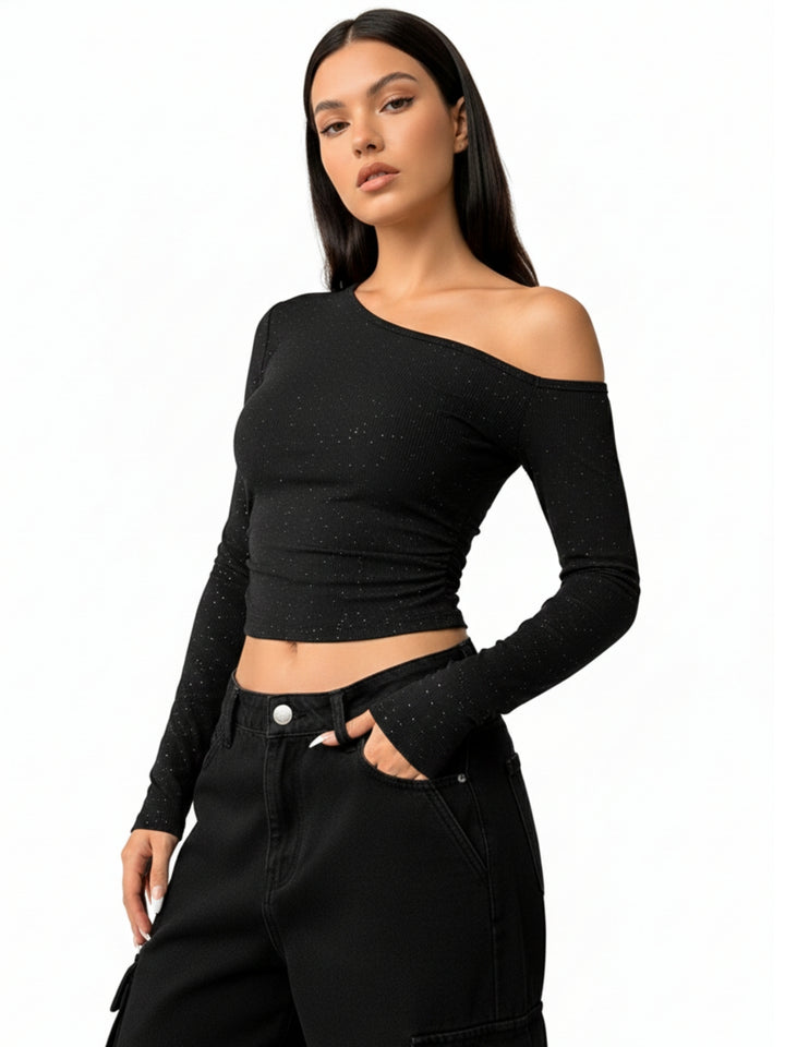 Black One Shoulder Fitted Shimmer Top