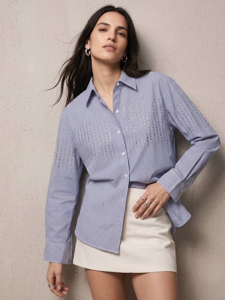 Blue Sequin Embellished Blue Stripe Shirt