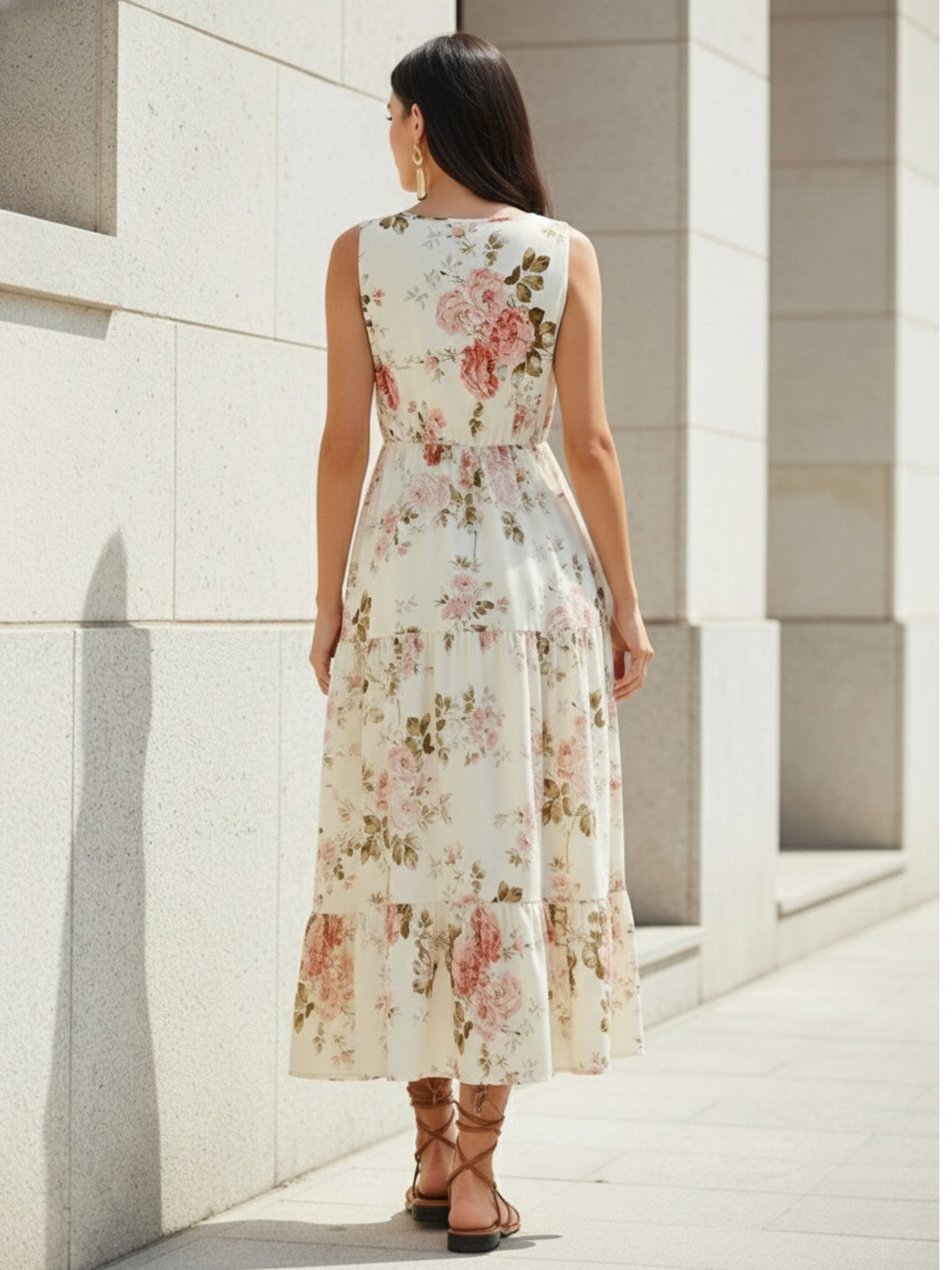 Cream V Neck Printed Dress