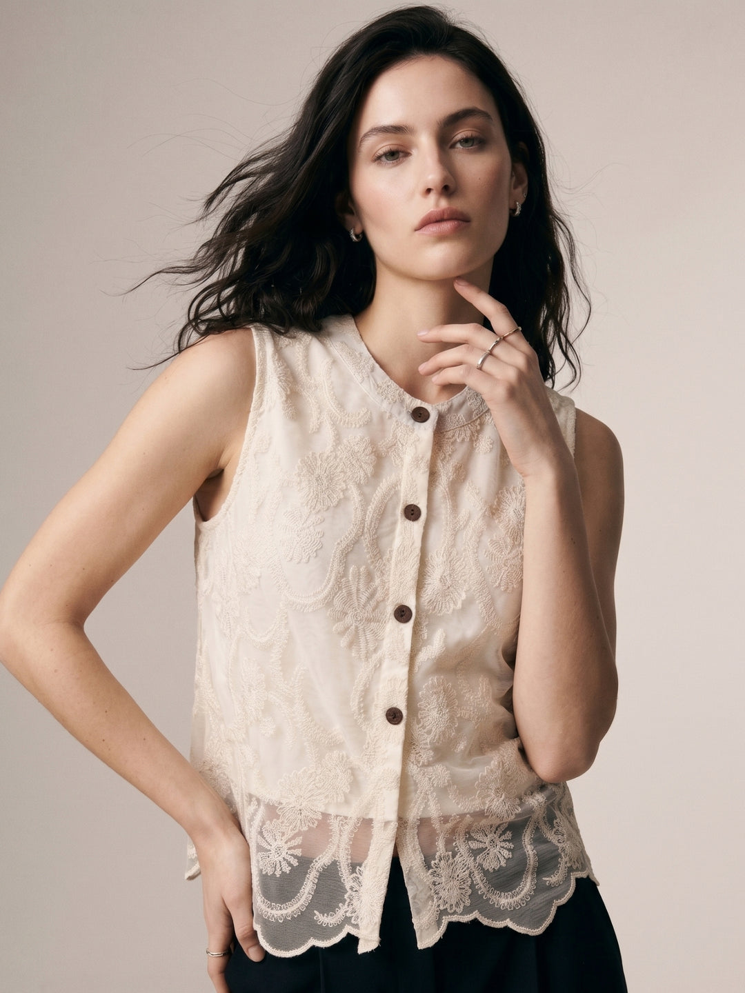 Off White Sleeveless Front Buttoned Lace Top