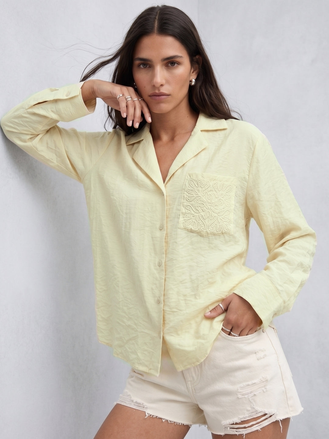 Yellow Front Buttoned Pocket Embroidered Shirt