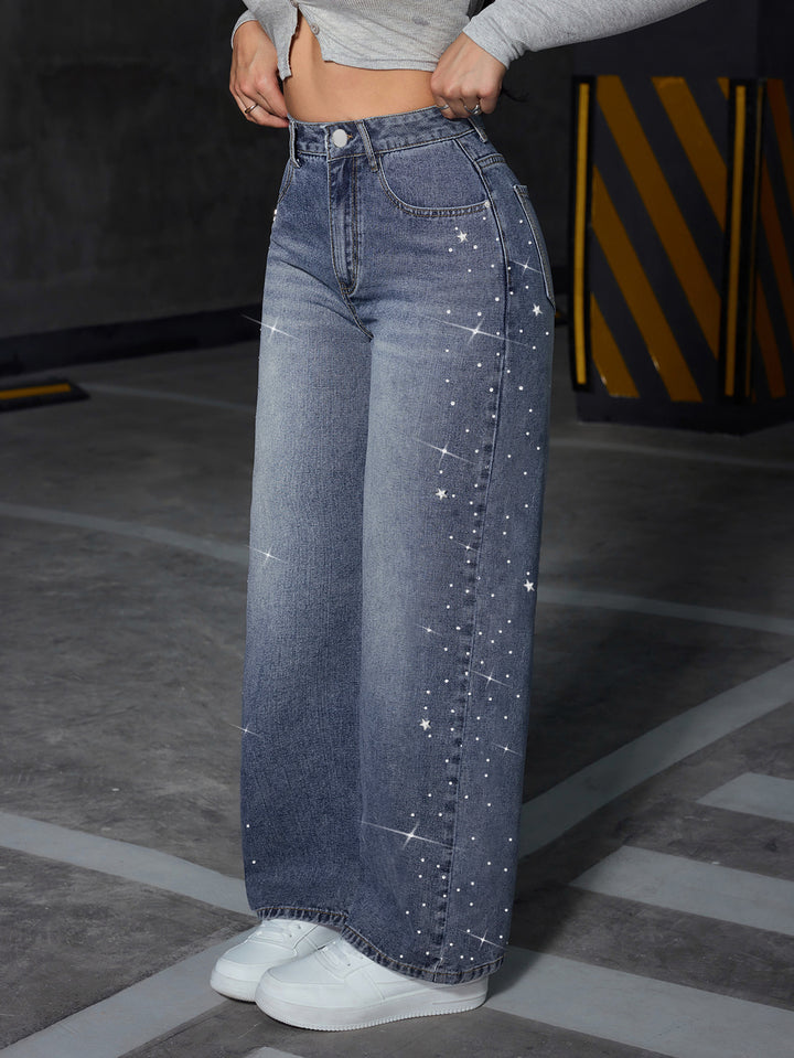 Blue Side Embellished Wide Leg Denim
