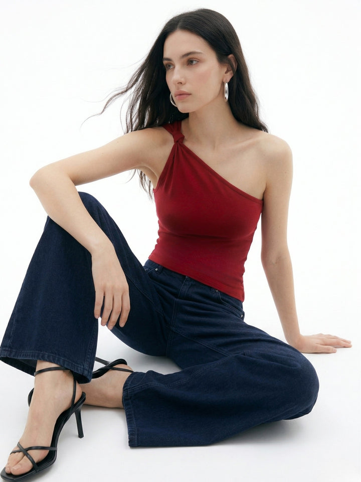 Maroon One Shoulder Twisted Strap Detail Tank