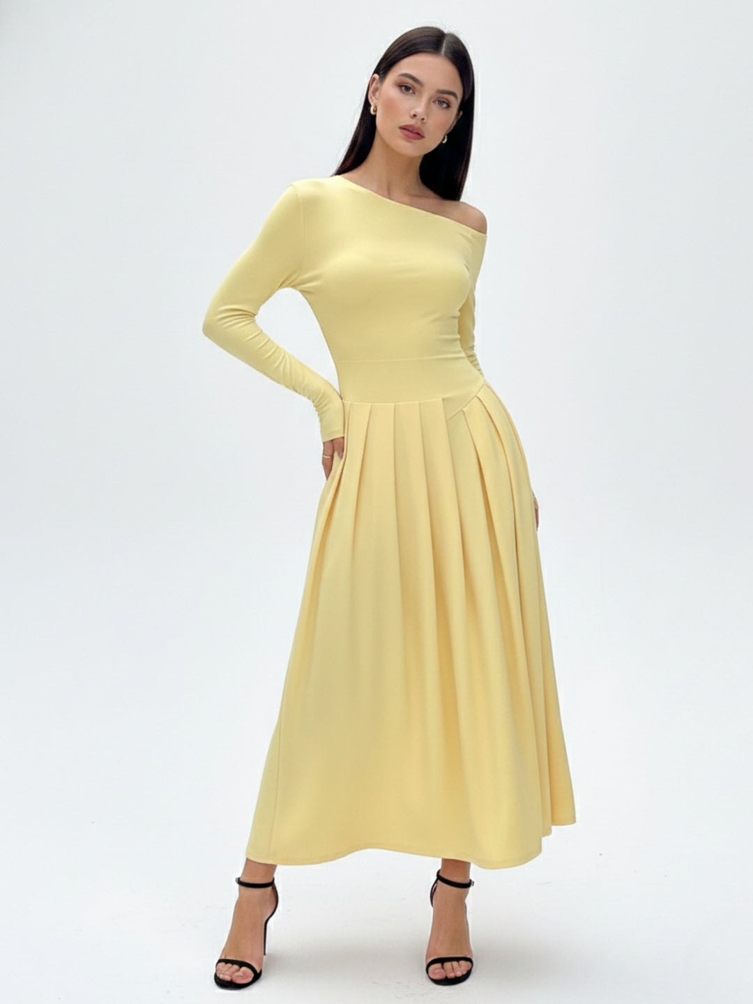 Yellow Full Sleeve One Shoulder Dress