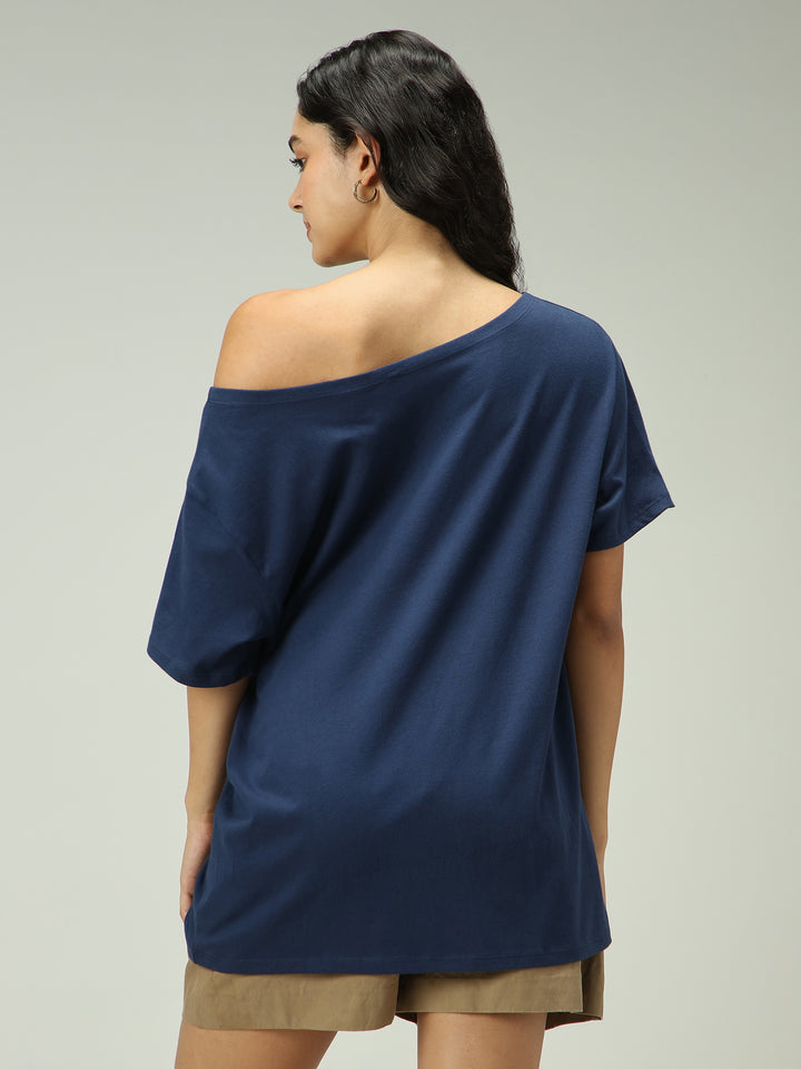 Navy Blue One Shoulder Graphic T-Shirt