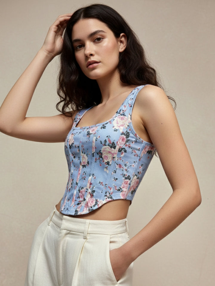 Blue Shoulder Strap Floral Printed Corset Top