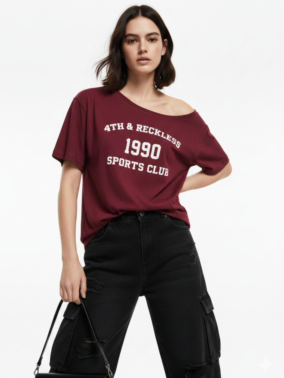 Maroon Off-Shoulder Graphic Printed T-Shirt