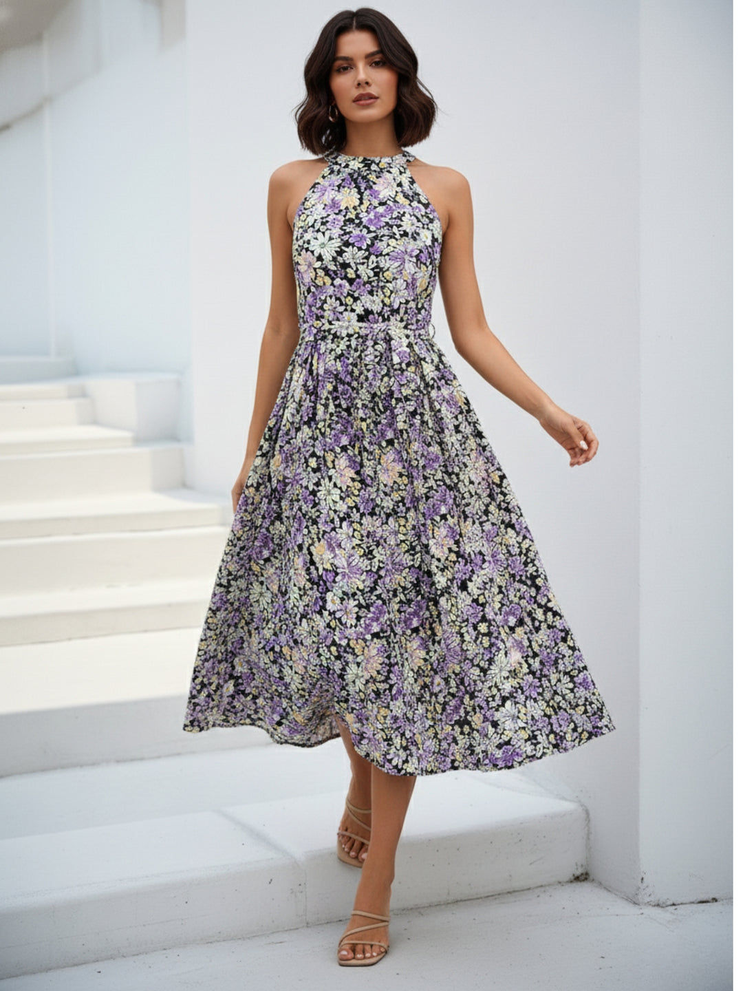 Multi Halter Neck Printed Waist Tie-Up Dress