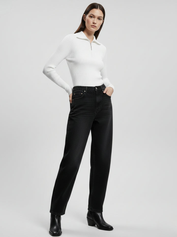 Off White Full Sleeve Half Zipped Sweatshirt