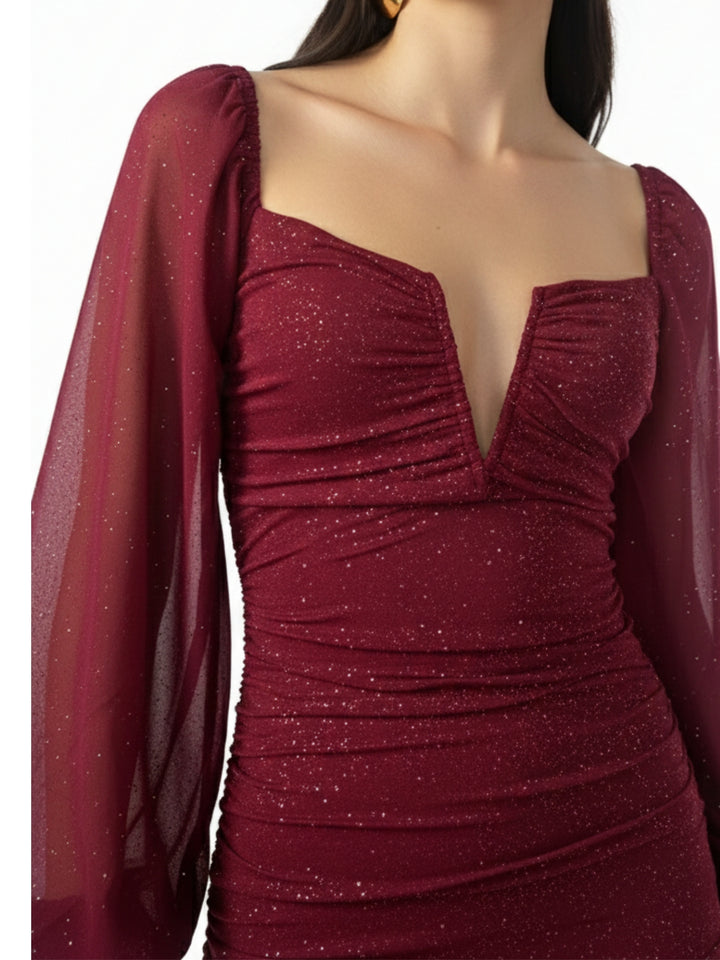 Fuchsia Plunge Neck Puff Sleeved Shimmer Dress