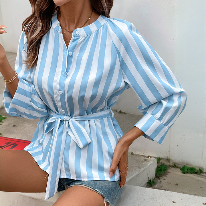 Blue Striped Waist Tie-Up Collared Shirt