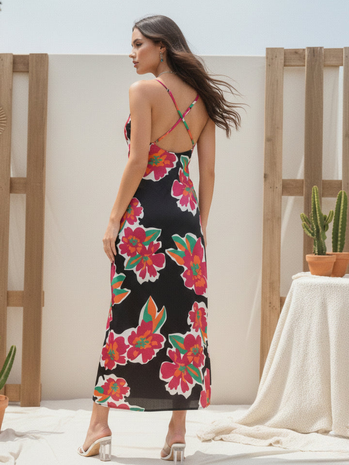 Black Spaghetti Strap Floral Printed Dress