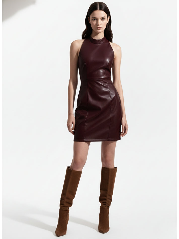 Burgundy Sleeveless Fitted Pu Dress