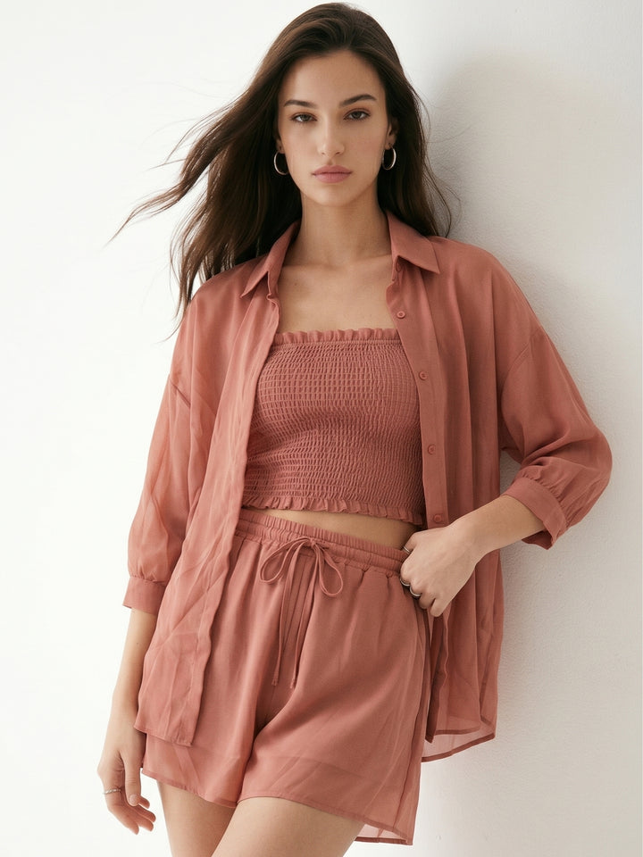 Red Sheer Shirt And Shorts Co-Ord Set