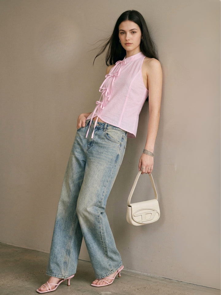 Pink Striped Halter Neck  Side Tie Asymmetric Blouse