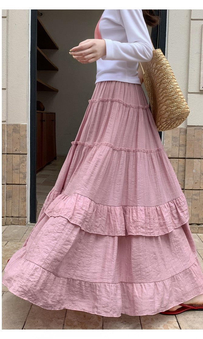 Pink Textured Layered Ruffled Skirt