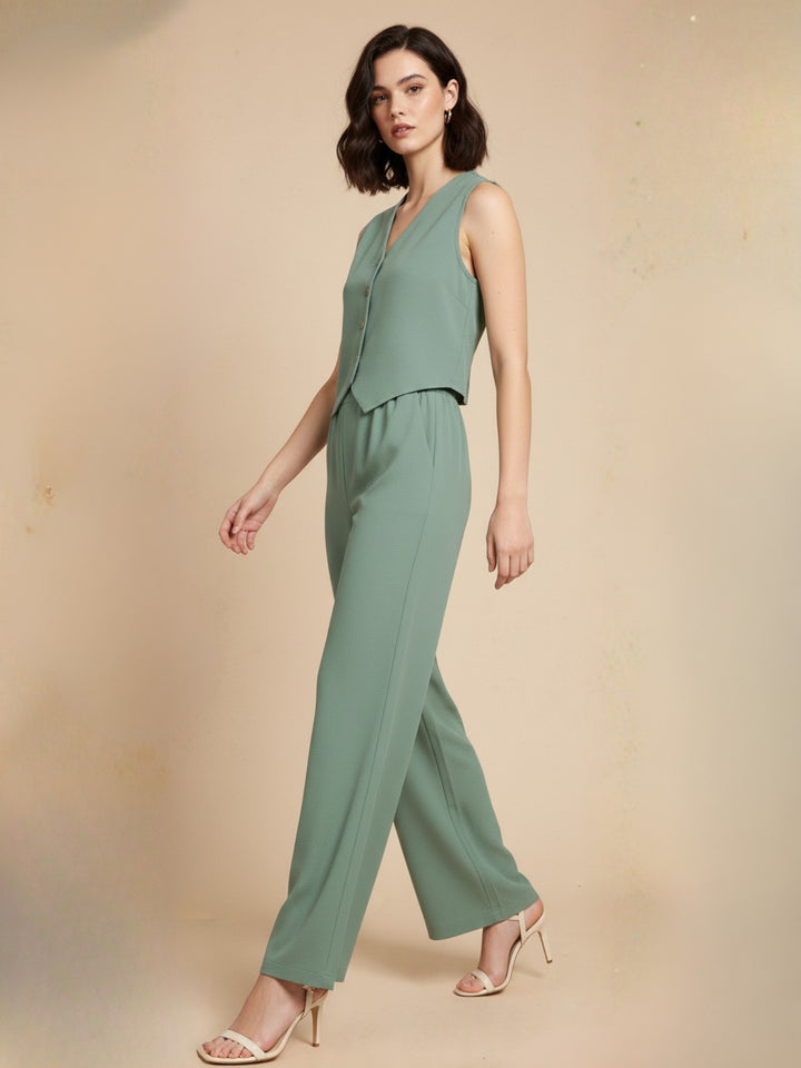 Green Button Down Vest And Pant Co-Ord Set