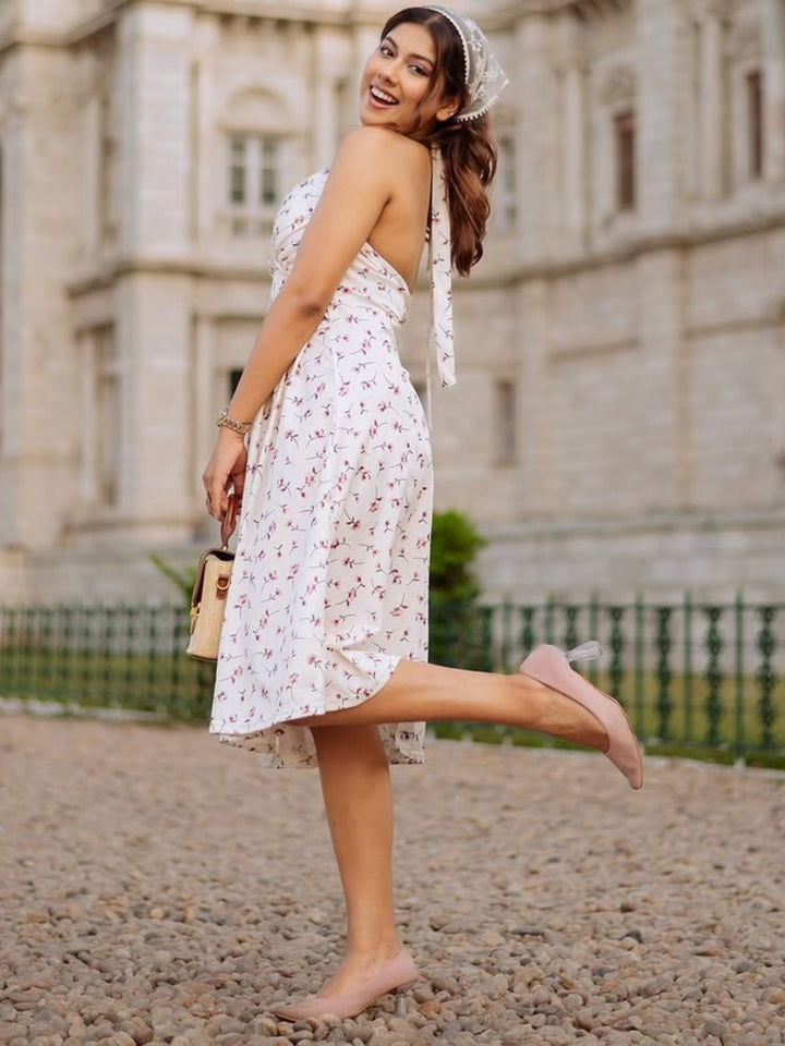 Off White Halter Dress With Floral Motif