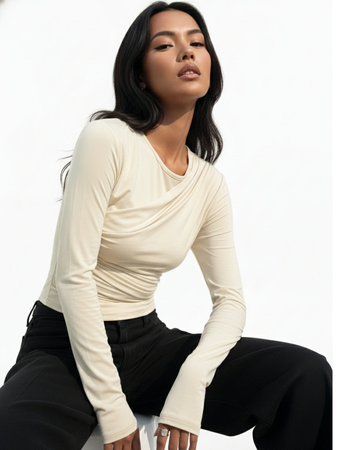 Beige Ruched One Side Wrap Top