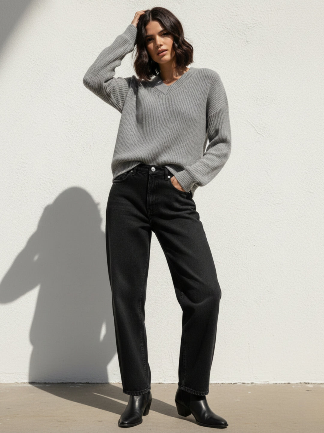Grey Full Sleeve V Neck Sweater