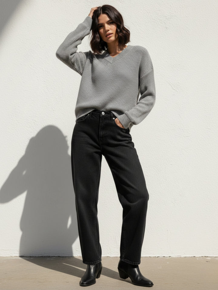 Grey Full Sleeve V Neck Sweater