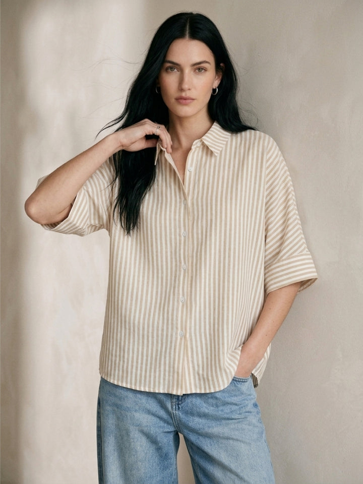 Beige Button Down Oversized Striped Shirt