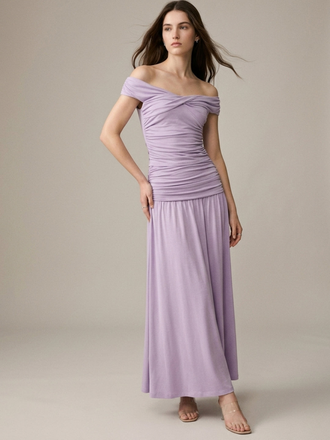 Lavender Off Shoulder Drop Waist Co-Ords