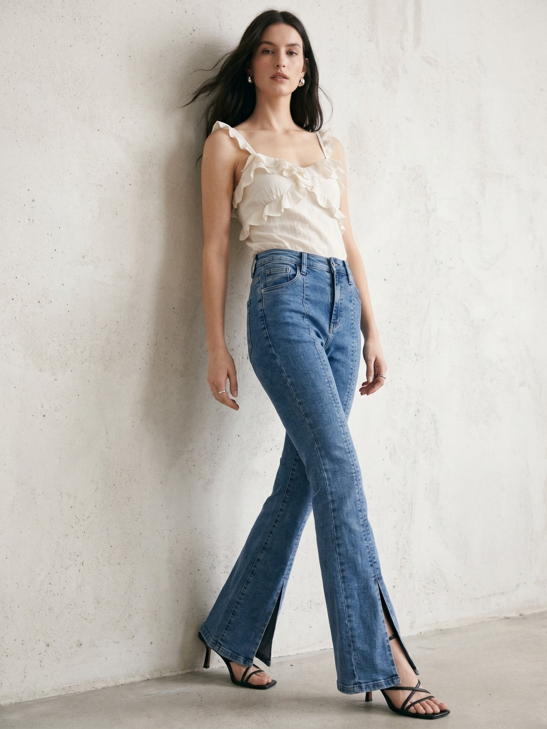 Light Blue High-Rise Knitted Denim Flared Jeans With Front Slit.