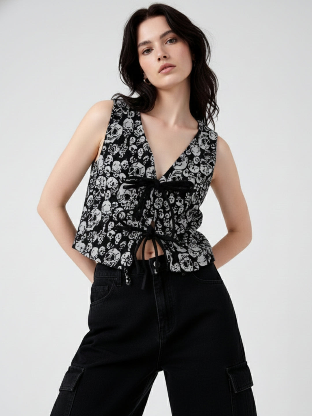 White Sleeveless Front Tie-Up Printed Top