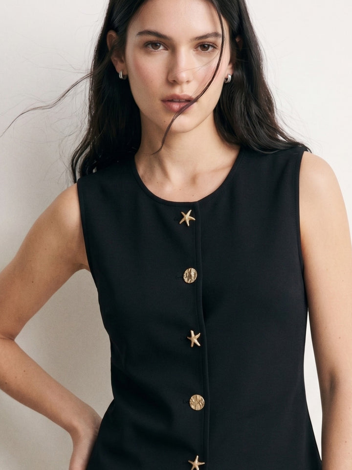 Black Sleeveless Vest With Star-Shaped Buttons