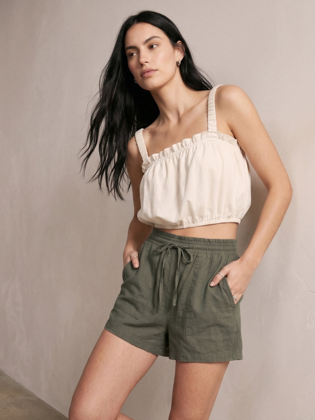 Green Paperbag Waist Shorts With Patch Pocket