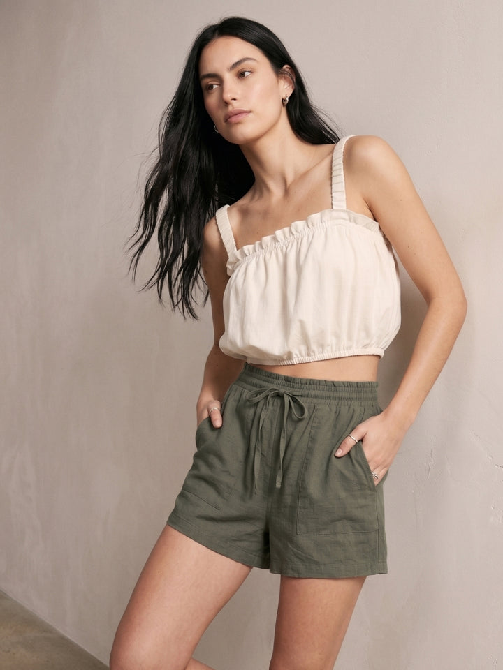 Green Paperbag Waist Shorts With Patch Pocket