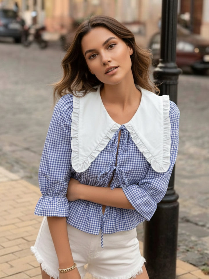 Blue Peter Pan Collar Front Tie-Up Top