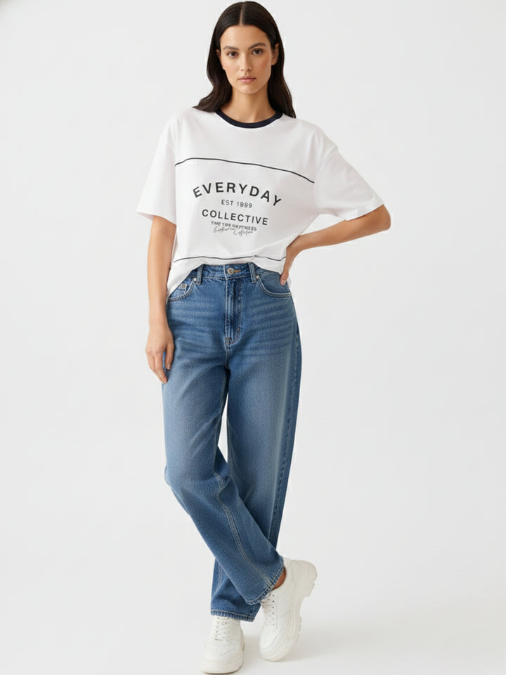 Navy Blue Oversized T-Shirt With Graphic And Cut & Sew Highlights