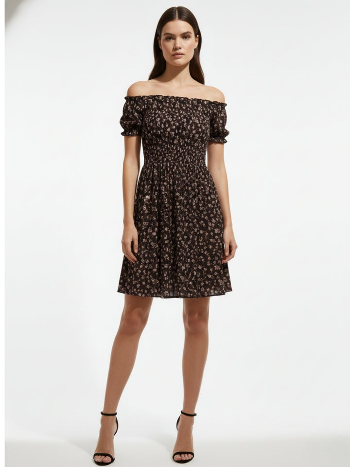 Black Off Shoulder Mini Dress With Smocking Detail