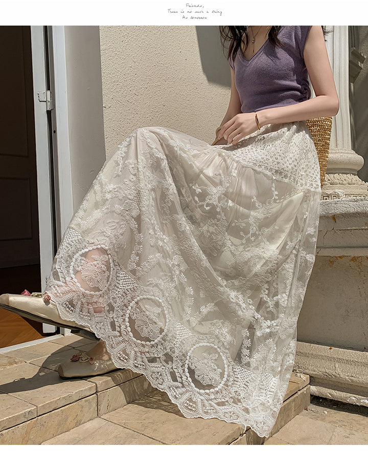 Cream Sheer Lace Long Skirt
